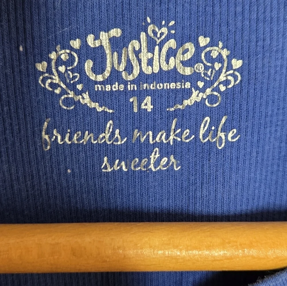 Y2K Justice Blue Short Sleeve Ribbed Henley Shirt Silver Stitching Girls Size 14